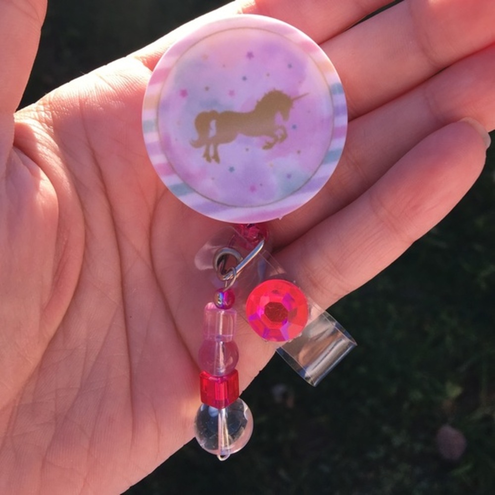 Gold unicorn Pink Retractable Badge Holder